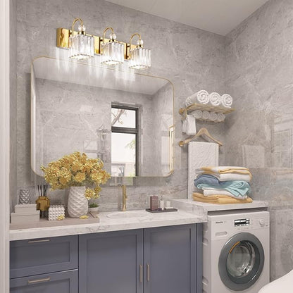 Ralbay Modern Gold Crystal Vanity Lights for Bathroom 3-Lights Crystal Vanity Lights Over Mirror Modern Crystal Gold Bathroom Wall Lighting Fixtures