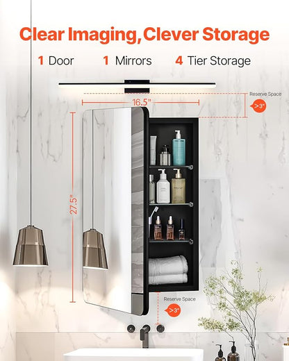 VEVOR Medicine Cabinet, 16.5 x 27.5 inch, Medicine Cabinet for Bathroom with Mirror, Aluminum Frame Bathroom Wall Cabinet, 3-Layer Adjustable Shelves, Recessed & Wall-Mounted Installation