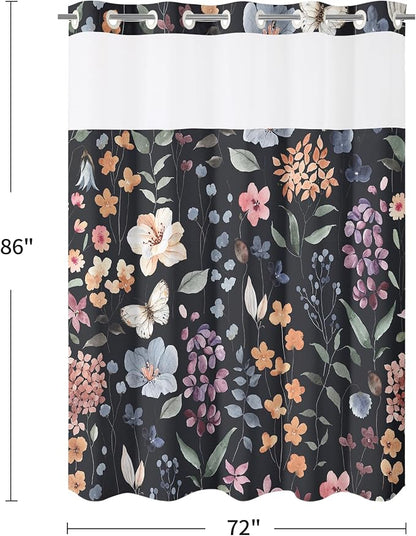 Litabel No Hook Black Watercolor Floral Shower Curtain and Liner Set, 72x86 | Flower Shower Curtains with Snap-in Liner for Farmhouse Bathroom Decor, Botanical Bathroom Curtain with Leaves
