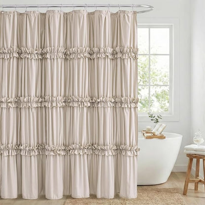 LIPA Boho Rustic Beige Ruffle Shower Curtain 72x78 Inches | Farmhouse Shower Curtains for Bathroom,Water‑Resistant Fabric Shower Curtain,Bohemian Bathroom Decor