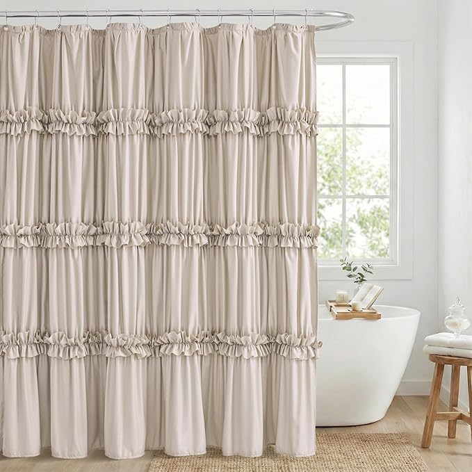 LIPA Boho Rustic Beige Ruffle Shower Curtain 72x72 Inches | Farmhouse Shower Curtains for Bathroom,Water‑Resistant Fabric Shower Curtain,Bohemian Bathroom Decor