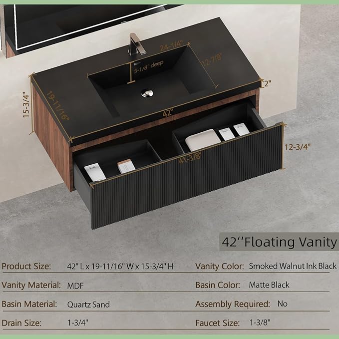 Wall Mounted Bathroom Sink Vanity, Modern 42" Floating Vanity with Resin Top Basin Sink and U-Shaped Soft-Close Storage Drawer, Striped Bathroom Storage Cabinet with Invisible Handle, Black