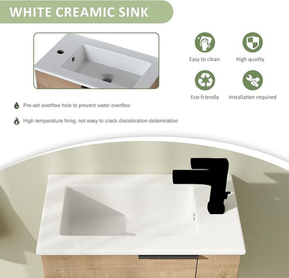 22" Bathroom Vanity with Sink, 22 Inch Floating Bathroom Vanity for Small Space, Single Sink Bathroom Vanity Combo, Modern Bathroom Vanity, Brown Wall Mounted Cabinet Set（002）