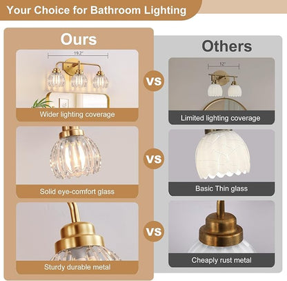 Vintage Bathroom Vanity Light, 3 Light Brushed Gold Fixture Over Mirror | Vintage Vanity Light, Brushed Gold Metal & Crystal Glass Shade, 3 Light Fixture Over Mirror for Bathroom Bedroom