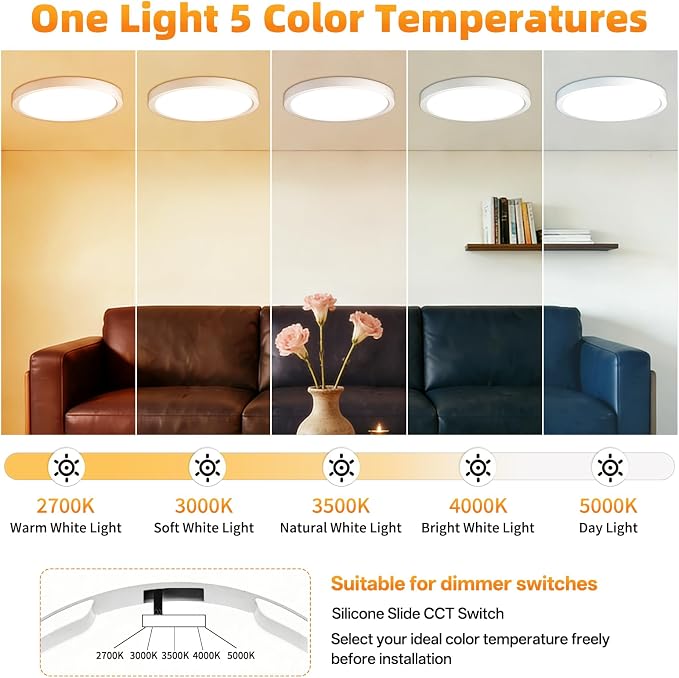 15.8Inch LED Flush Mount Ceiling Light,5CCT,ETL Listed,Dimmable White | Hardwired 5CCT Selectable 2700K-5000K,30W 3400LM Dimmable Round Flat Panel Light Fixture for Living/Bedroom,Porch&Indoor