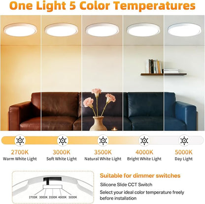 15.8Inch LED Flush Mount Ceiling Light,5CCT,ETL Listed,Dimmable White | Hardwired 5CCT Selectable 2700K-5000K,30W 3400LM Dimmable Round Flat Panel Light Fixture for Living/Bedroom,Porch&Indoor