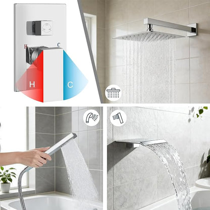 Midanya Shower System with Tub Spout,10 Inch Shower Head,Polish Chrome | with Valve & Trim Kit,Square Rain Head,Handheld Sprayer,Waterfall Spout,All Metal Wall Mount Bathroom Shower Tub Faucet Set