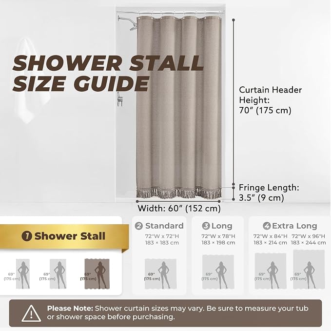 Linen Shower Curtain Boho Taupe Shower Curtain with Tassels 60"L x 72"L | Thick linen-poly blend, soft textured drape, handcrafted fringe, neutral rustic farmhouse bathroom decor