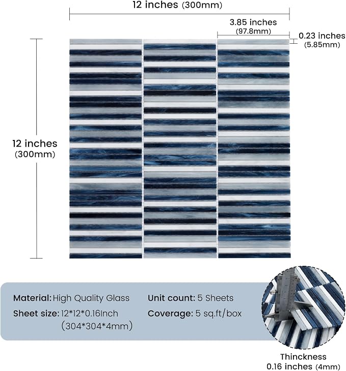 Glass Mosaic Tile Backsplash Dazzling Blue White 12 Inch | Kitchen Backsplash Bathroom and Shower (5-Pack, 5 sq.ft.)