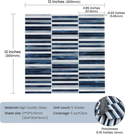 Glass Mosaic Tile Backsplash Dazzling Blue White 12 Inch | Kitchen Backsplash Bathroom and Shower (5-Pack, 5 sq.ft.)