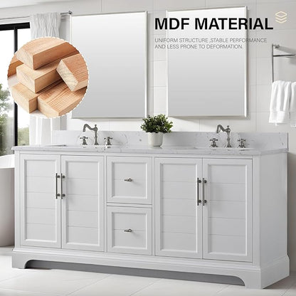 HOMEBEYOND 72 Inch Bathroom Vanity with Double Sink & Ceramic Top, Vanity Cabinet with Center Countertop Basin, Soft-Closing Doors, Backsplash, White