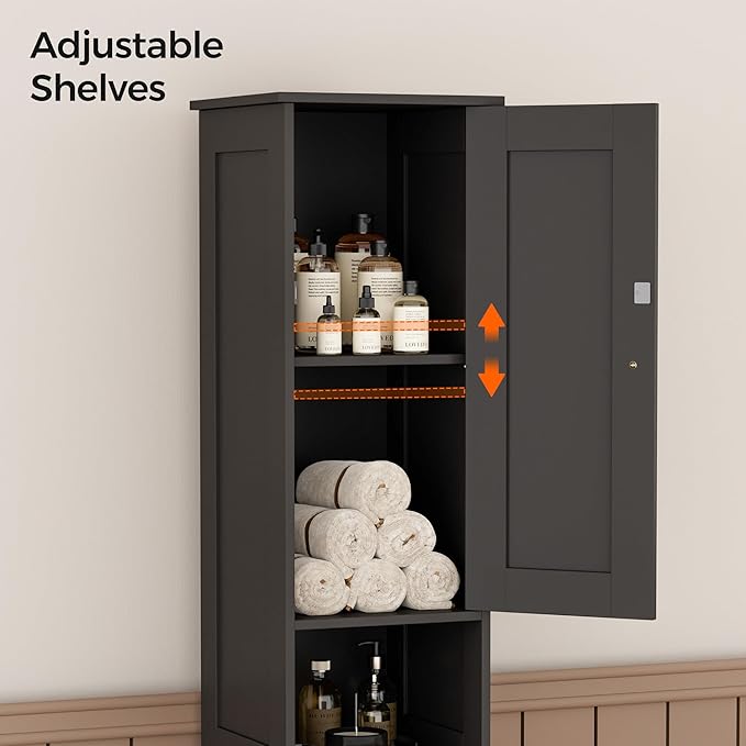 Tall Bathroom Storage Cabinet with 2 Doors, 67"H Narrow Storage Cabinet with Adjustable Shelves& Anti-Tip Design, Reversible Door Installation, Easy Assembly, 11.8 x 11.8 x 66.9 Inches, Black