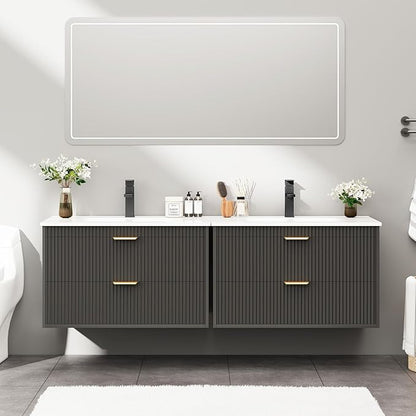 Vabches 24 Inch Bathroom Vanity with Sink, Wood Grain Wall Mounted Vanity with 2 Storage Darwers, Floating Bathroom Vanity with Storage, Bathroom Floating Vanity with Sink, Faucet, Drain, Black