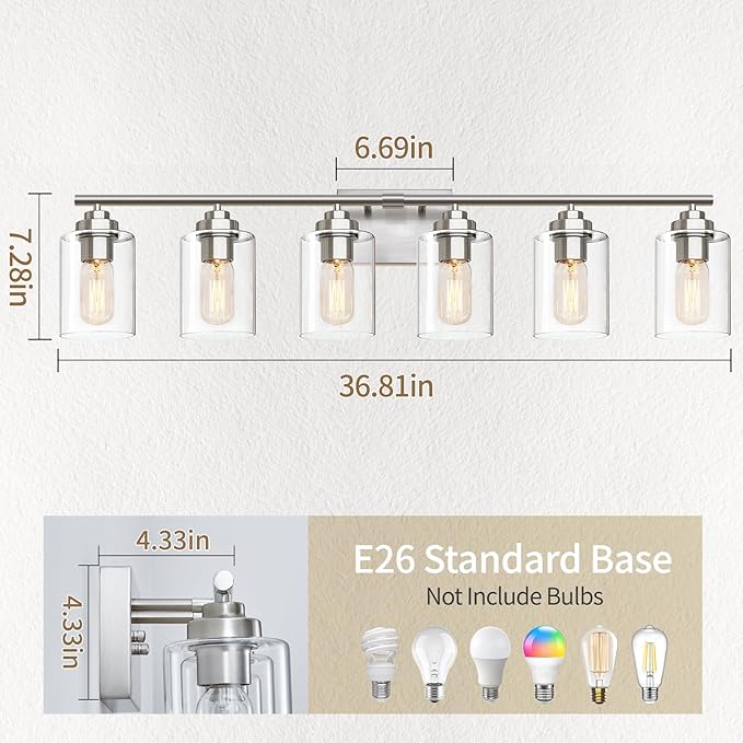 Bathroom Vanity Light Over Mirror,Brushed Nickel 6-Light Vanity Light for Bathroom,Bathroom Light Fixture Wall Sconce Lighting for Bedroom,Living Room