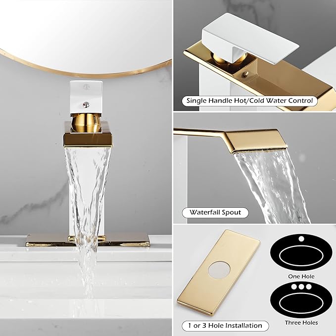 Bathroom Faucet Gold Spout Waterfall White Body Single Hole 1 Handle Bathroom Vanity Sink Faucet with Deck Plate and Pop Up Drain Stopper Overflow Brass Basin Mix Tap Deck Mount