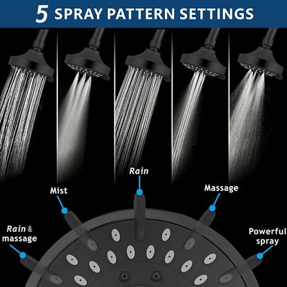 Voolan High Pressure Shower Head - 4 Inch Rain Showerhead - High Flow Bathroom Shower with 5 Spray Settings For a Luxury Showering Experience Even with Low Water Pressure (Black)