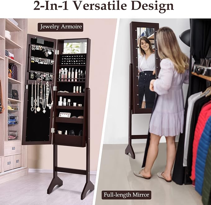 NAFORT 18 LED Lights Standing Mirror Jewelry Cabinet, Large Storage Mirror Full Length, Jewelry Armoire with Lipstick Holders, Shelves, Earring Notches, Inside Makeup Mirror, Brown