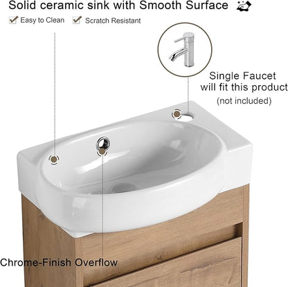 Malwee 16" Floating Bathroom Vanity with Sink, 16 Inch Single Sink Wall Mounted Bathroom Vanity, with 1 Door and White Ceramic Basin Top for Small Space, Modern Wall Hung Cabinet Storage (029-16IMOX)