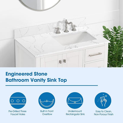 36 Inch Engineered Stone Bathroom Vanity Sink Top, with Undermount Rectangular Right Side Sink, Vanity Countertop with 8 inch Faucet Hole Spacing and Backsplash in Lightning White