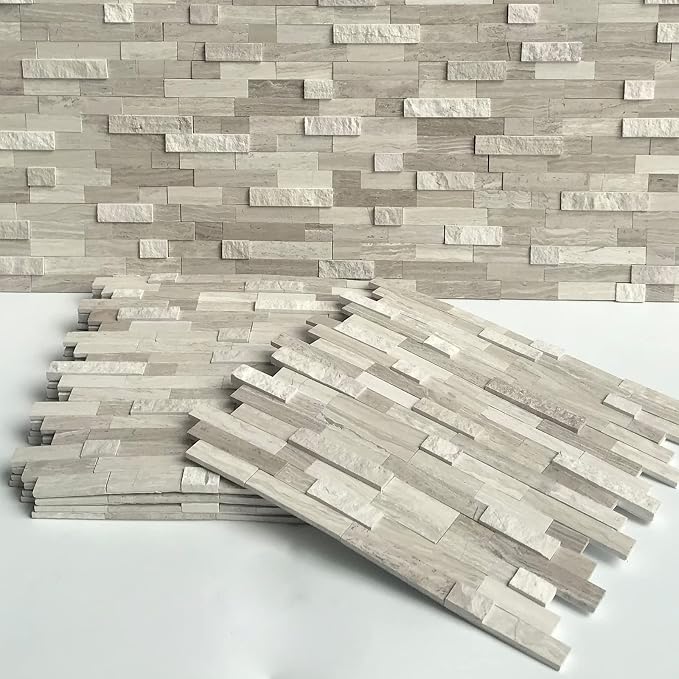 SUNWINGS 5-Sheet Peel and Stick Mosaic Natural 3D Stone Self Adhesive Marble Tiles, 11.5" x 10.7" Stick on Backsplash for Kitchen Bathroom Fireplace Vanity, Mixed Tan