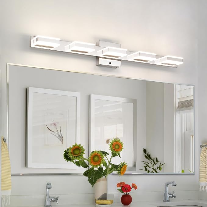 mirrea 32" 5 Light 3CCT LED Chrome Bathroom Vanity Light Fixture | Over Mirror,Bathroom Lighting,3000K/4000K/5000K ,Dimmable,Rust-resistant,Moisture-resistant,Acrylic shade,Wall Mount