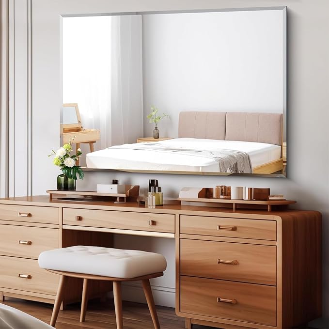 CILIBER Beveled Mirror, 50x36 Large Bathroom Mirrors for Over Sink, Lightweight Design Beveled Frameless Vanity Mirror Wall Mounted, Crystal-Clear 3mm Tempered Glass, Horizontally or Vertically