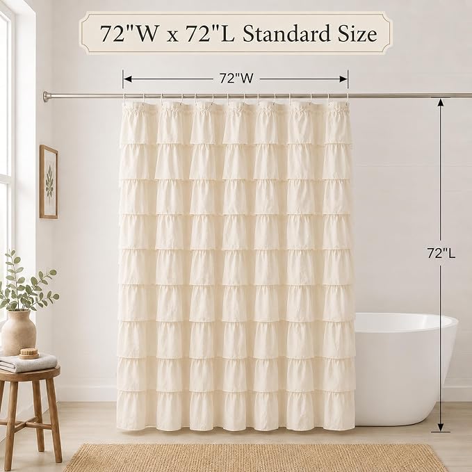 Beige Ruffle Shower Curtain for Bathroom, 72x72, Elegant Ruffled Panle | Soft Cream Color, Cascading Waterfall Ruffles, 72 x 72, 12 Hooks Included, Machine Washable, Soft Microfiber Fabric, Opaque