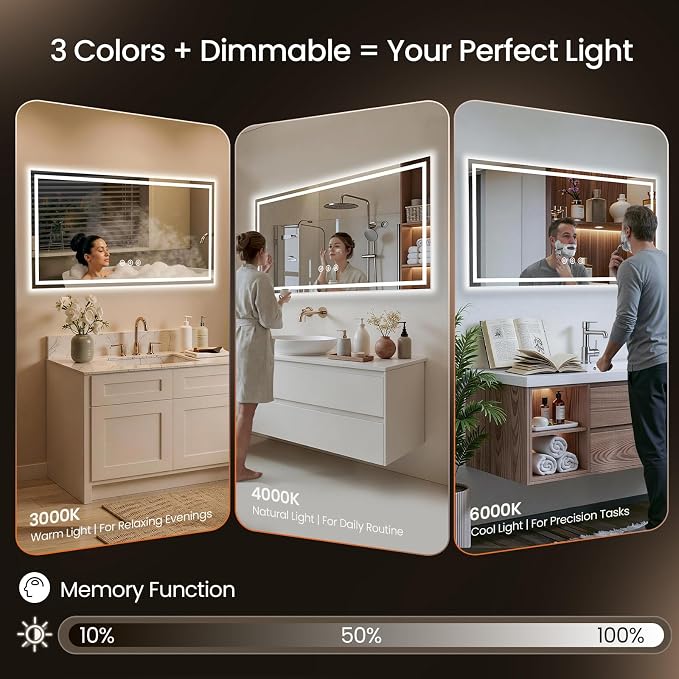 48x30 LED Bathroom Mirror with Anti-Fog, Backlit & Front Lights, Memory | Dimmable 3 Color CRI 95+ Shatterproof Tempered Glass ETL Listed for Safety Lighted Bathroom Vanity Mirror for Wall