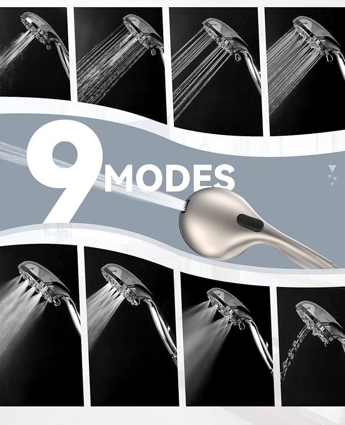 JDO Shower Head with Handheld, High Pressure Handheld Shower Head 9 Settings, Detachable Shower Head Set with Stainless Steel Hose and Shower Bracket (Brushed Nickel)