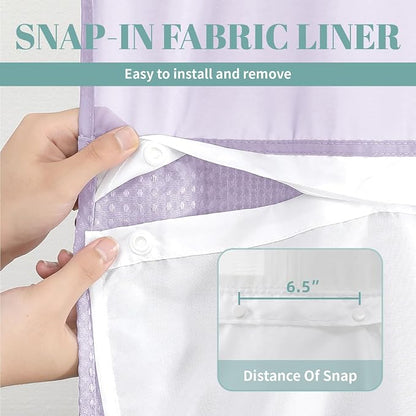 eachope No Hook Long Waffle Shower Curtain, Snap-in Liner,71x86 in,Lavender | 230 GSM waffle weave fabric, waterproof liner set with 2 bottom magnets, mesh top window, washable, for bathroom or hotel use