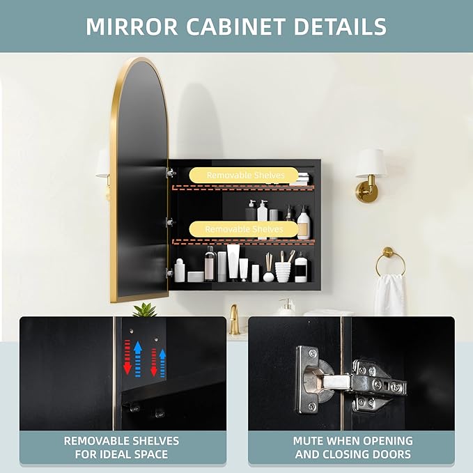 Casaphoria 39" H x 30" W Arched Bathroom Medicine Cabinet with Mirror, Metal Frame Wall Medicine Cabinets Mirrors, Wall Mirror Cabinet, Gold A