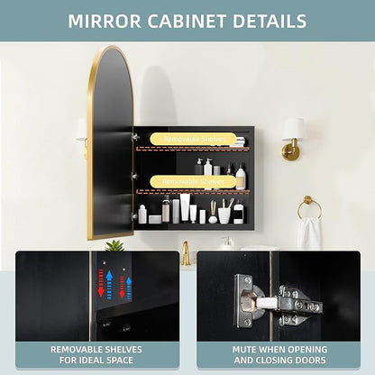 Casaphoria 39" H x 30" W Arched Bathroom Medicine Cabinet with Mirror, Metal Frame Wall Medicine Cabinets Mirrors, Wall Mirror Cabinet, Gold A