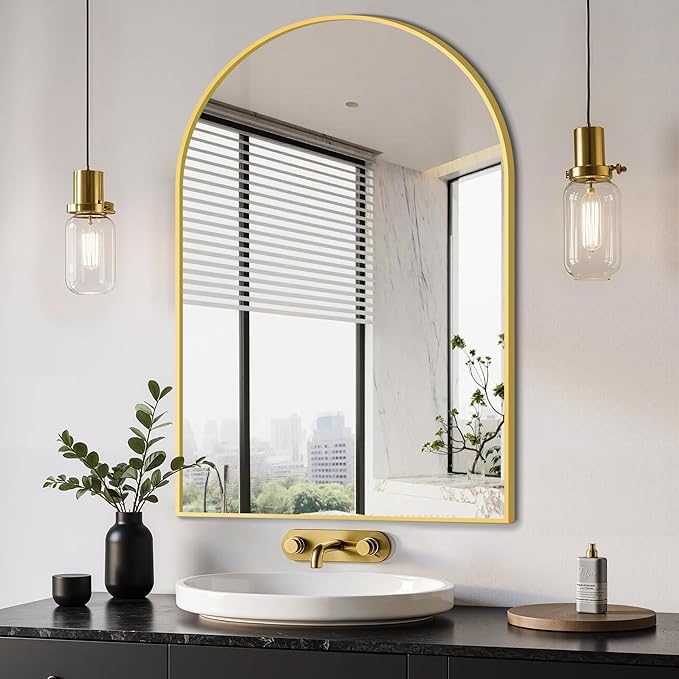 Arched Bathroom Mirror, 24"x36", Gold | Wall Mounted, Vanity Mirror, For Bedroom, Living Room and Entryway