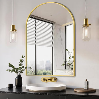 Arched Bathroom Mirror, 24"x36", Gold | Wall Mounted, Vanity Mirror, For Bedroom, Living Room and Entryway