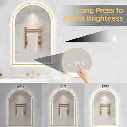 24"x36" Arched LED Mirror for Bathroom, Brushed Gold Lighted Bathroom Mirror with Lights, Fogless, Dimmable, Shatterproof, Touch Sensor, 3 Color Changing