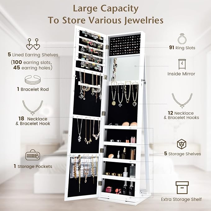 COSTWAY Standing Jewelry Cabinet, Large Capacity Jewelry Organizer w/Full-Length Mirror & Rear Storage Shelves, Lockable Mirror Jewelry Armoire with Keys for Girls Women (White)