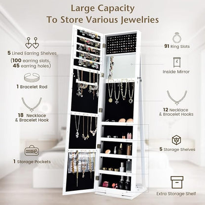 COSTWAY Standing Jewelry Cabinet, Large Capacity Jewelry Organizer w/Full-Length Mirror & Rear Storage Shelves, Lockable Mirror Jewelry Armoire with Keys for Girls Women (White)