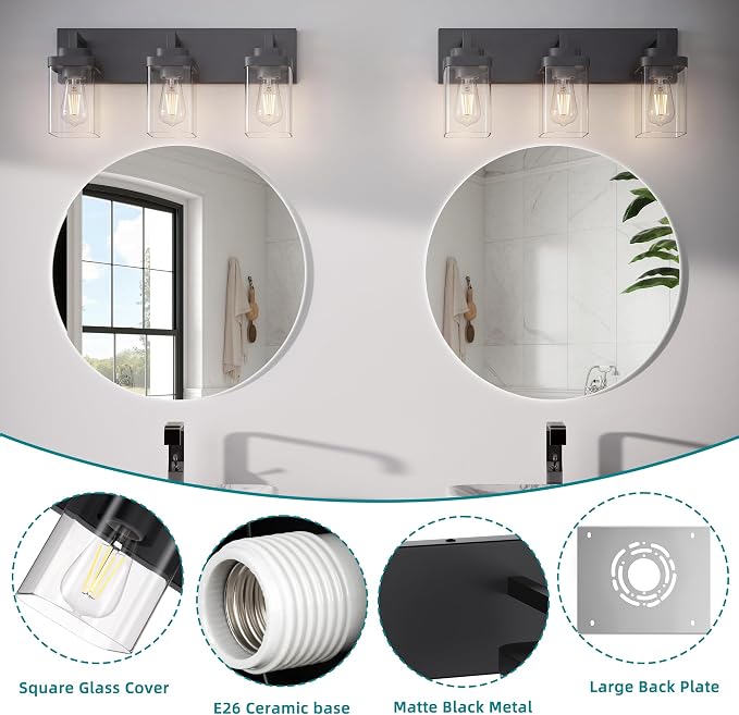 Bathroom Vanity Light, 3 Lights Morden Bathroom Lighting Fixtures Over Mirror, Black Bathroom Light Fixtures for Bathroom