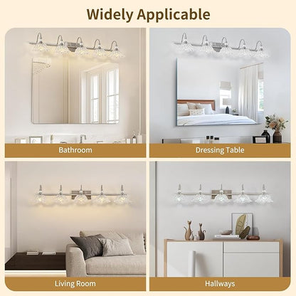 Brushed Nickel 5-Light Bathroom Vanity Light with Floral Clear Glass Shades, Brushed Nickel Wall Mount Lighting for Bathroom, Dressing Table