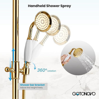 gotonovo Exposed Bathroom Shower System Two Cross Handle Polished Gold | Vintage Brass Tub Shower Faucet Set,8’’ Rain Head with Handheld Spray,Swivel Tub Spout,6’’ Hole Distance,Adjustable Height