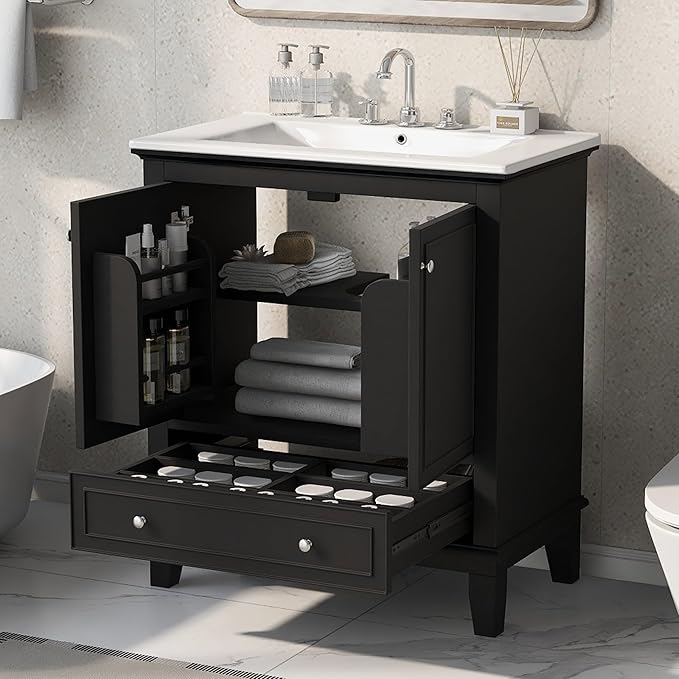 LUMISOL 30" Bathroom Vanity with Sink, Solid Wood Black Bathroom Vanity with Drawer and Storage Racks, Adjustable Shelf, Freestanding Bathroom Sink Cabinet with Ceramic Basin, Black