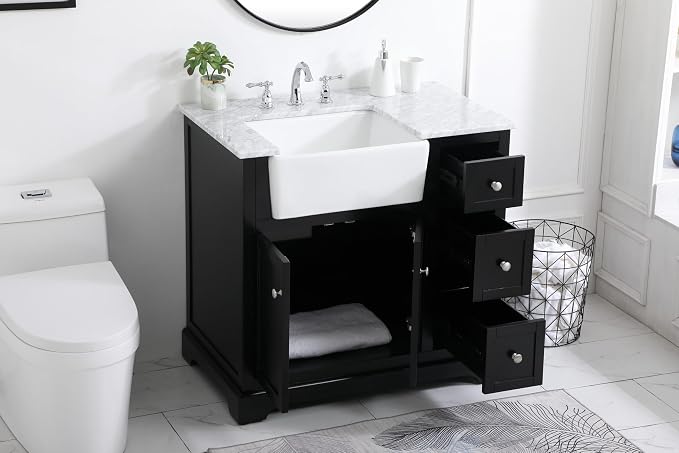 36" Pre-Assembled Bathroom Vanity with Sink, Solid Birch and MDF, Carrara White Marble Countertop Attached, Single Rectangle Porcelain Sink, 3 Soft-Close Drawers, Black