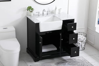 36" Pre-Assembled Bathroom Vanity with Sink, Solid Birch and MDF, Carrara White Marble Countertop Attached, Single Rectangle Porcelain Sink, 3 Soft-Close Drawers, Black