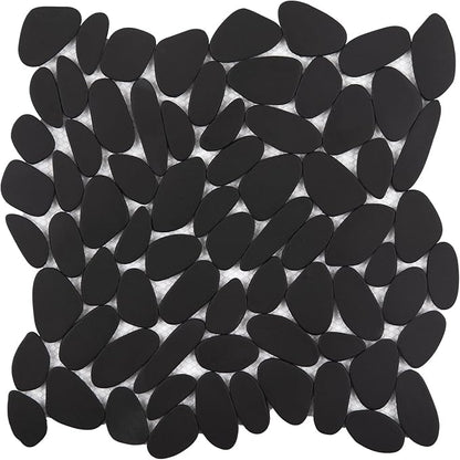 Pebble Tile for Shower Floor, Black Long Oval Pebble Mosaic Backsplash for Kitchen Bathroom Wall and Floor Tile and Outdoor Areas, 5 Sheets