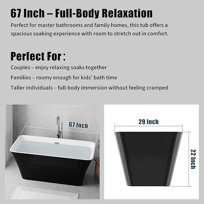 67 inch Freestanding Bathtub, Luxury Acrylic Freestanding Tub with Overflow and Chrome Drain, Extra Large Stand Alone Soaking Bathtub for Modern Bathroom