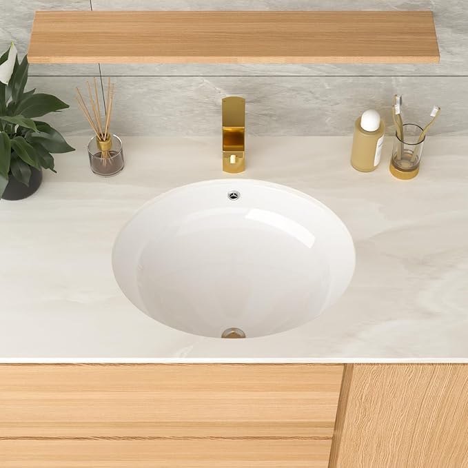 Undermount Bathroom Sink 19x16 Inch White Porcelain Ceramic Lavatory Vanity Sink with Overflow, Under Counter Bathroom Sink, Oval Undermount Vessel Sink for Bathroom
