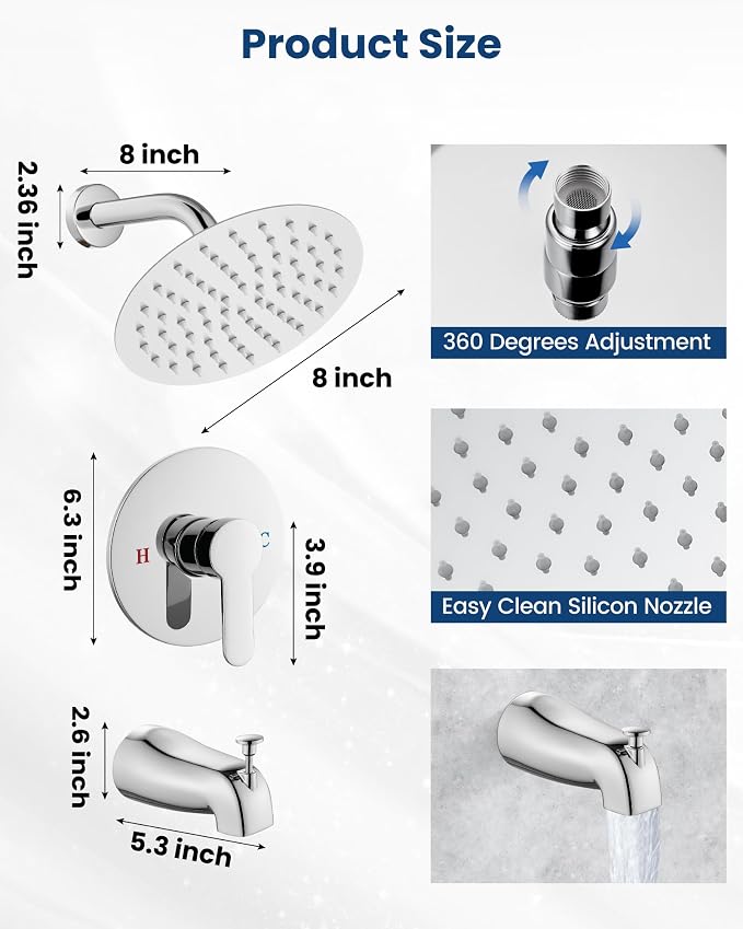 Airuida Shower Faucet Set with Tub Spout,8" Bathtub Faucet-Chrome Polish | Male Threads Rough-In Valve,Round Head Shower System,Tub and Shower Kit Set