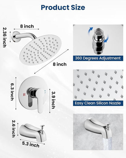 Airuida Shower Faucet Set with Tub Spout,8" Bathtub Faucet-Chrome Polish | Male Threads Rough-In Valve,Round Head Shower System,Tub and Shower Kit Set