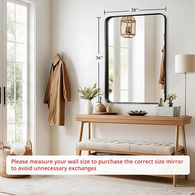 Black Bathroom Vanity Mirror Over Sink 28x36, Large Wall Mounted Mirror | Fabuday Matte Metal Framed Rectangular Big Mirror for Living Room, Bedroom, Entryway Decor, Rounded Rectangle Design