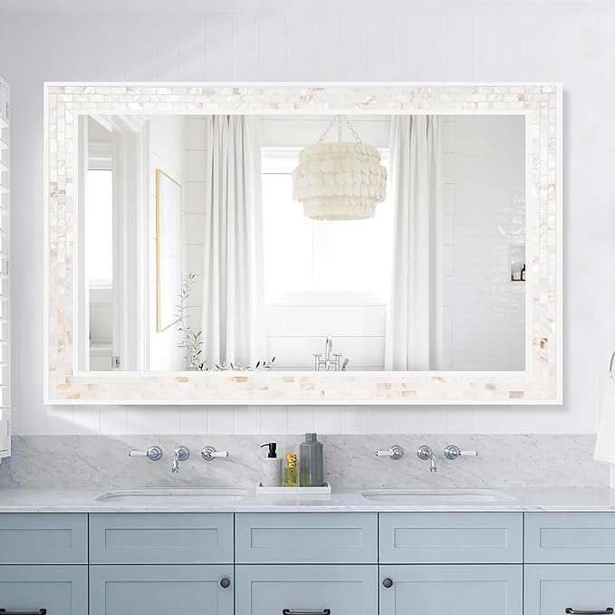 Tanmicoshomy 26 x 40 Inch Rectangle Wall Mirror, Natural Shell Framed Rectangular Mirror for Bathroom, Vanity, Bedroom, Living Room, Entryway, Wall Mounted Horizontal or Vertical, White
